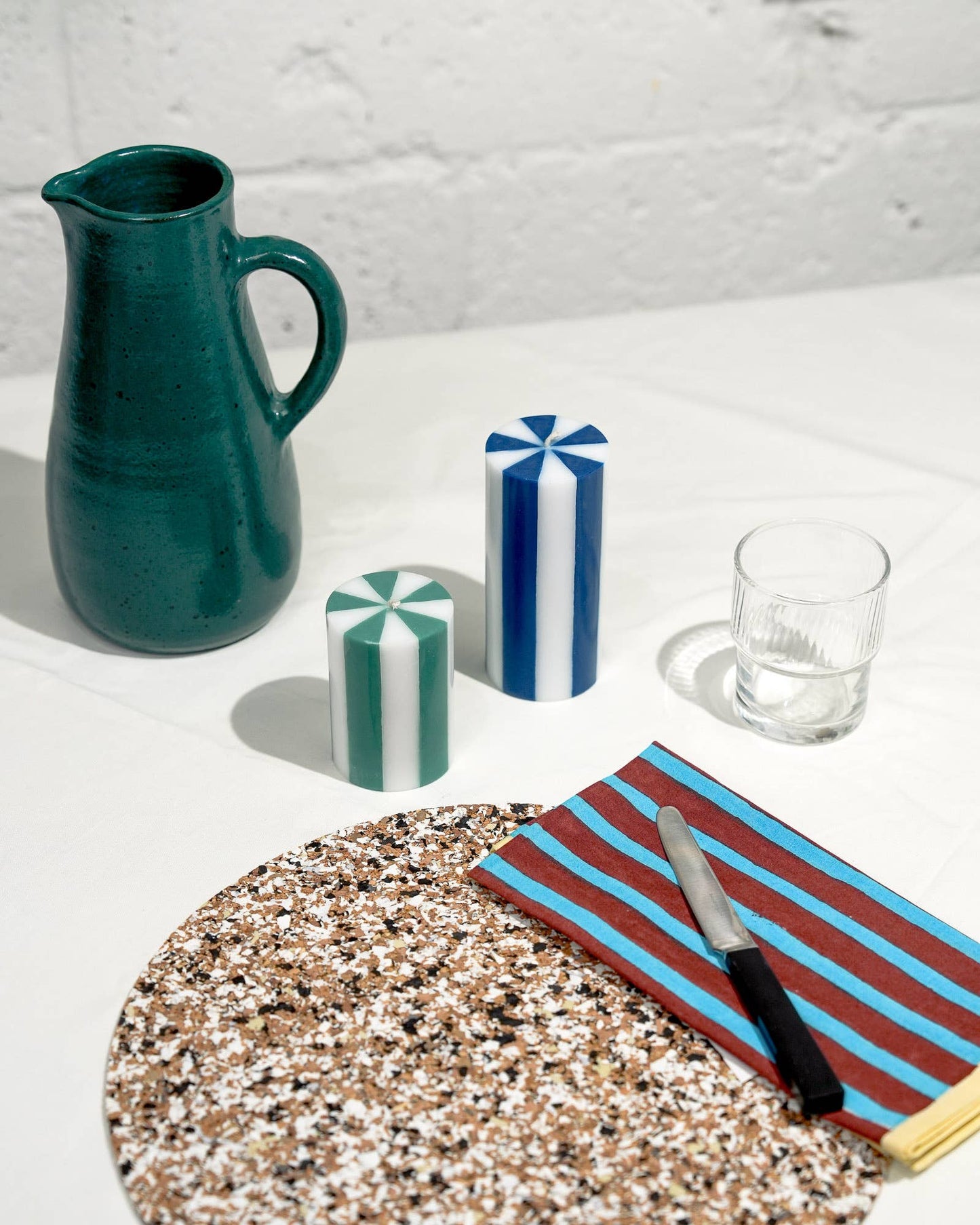 Stripe Pillar Candle - Medium (DENIM BLUE/ WHITE)